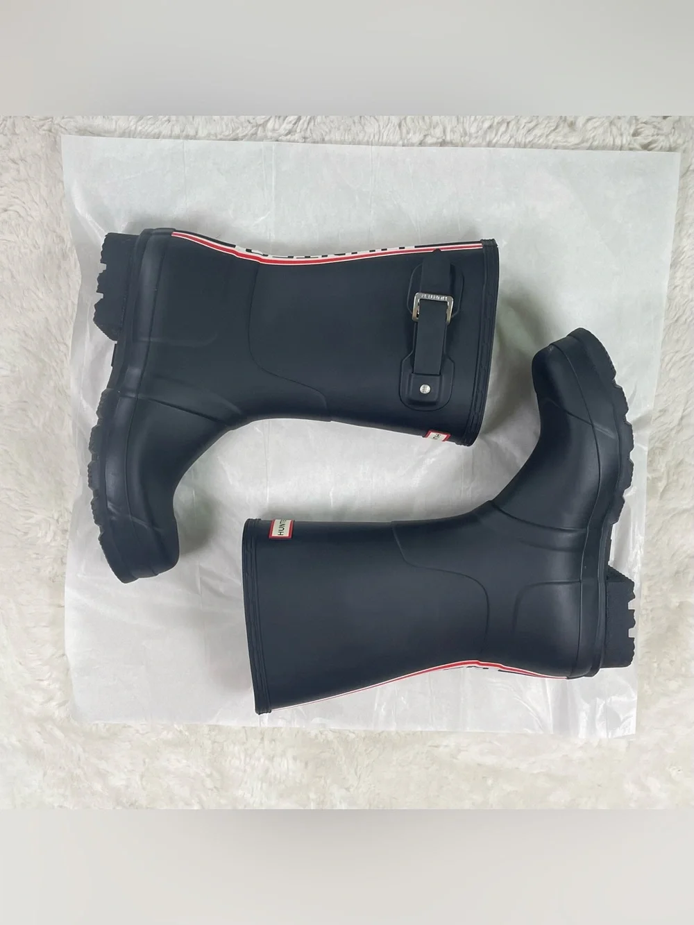 Hunter Men’s Black Logo Stripe Rain Boots Size 10